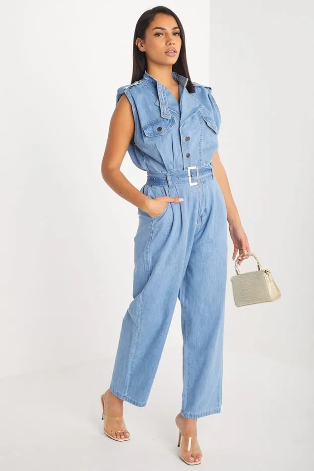 Women Combinaison Pantalon Sans Manches Ceinture Bleu En Jeans Blue Brentiny Paris Playsuits Women Combinaison Pantalon Sans Manches Ceinture Bleu En Jeans Blue Brentiny Paris Playsuits