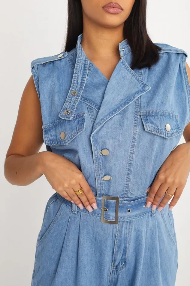 Women Combinaison Pantalon Sans Manches Ceinture Bleu En Jeans Blue Brentiny Paris Playsuits Women Combinaison Pantalon Sans Manches Ceinture Bleu En Jeans Blue Brentiny Paris Playsuits