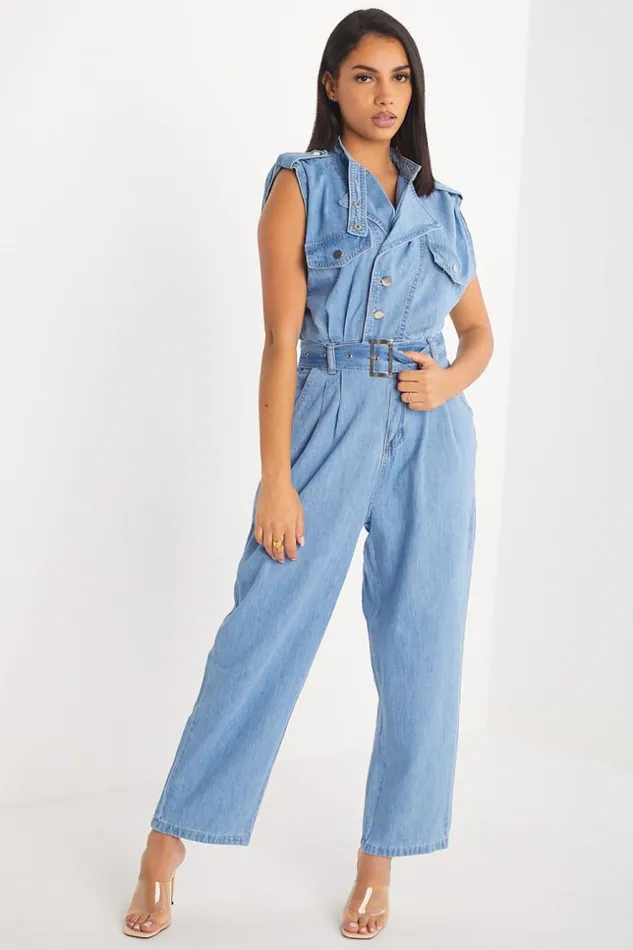 Women Combinaison Pantalon Sans Manches Ceinture Bleu En Jeans Blue Brentiny Paris Playsuits Women Combinaison Pantalon Sans Manches Ceinture Bleu En Jeans Blue Brentiny Paris Playsuits