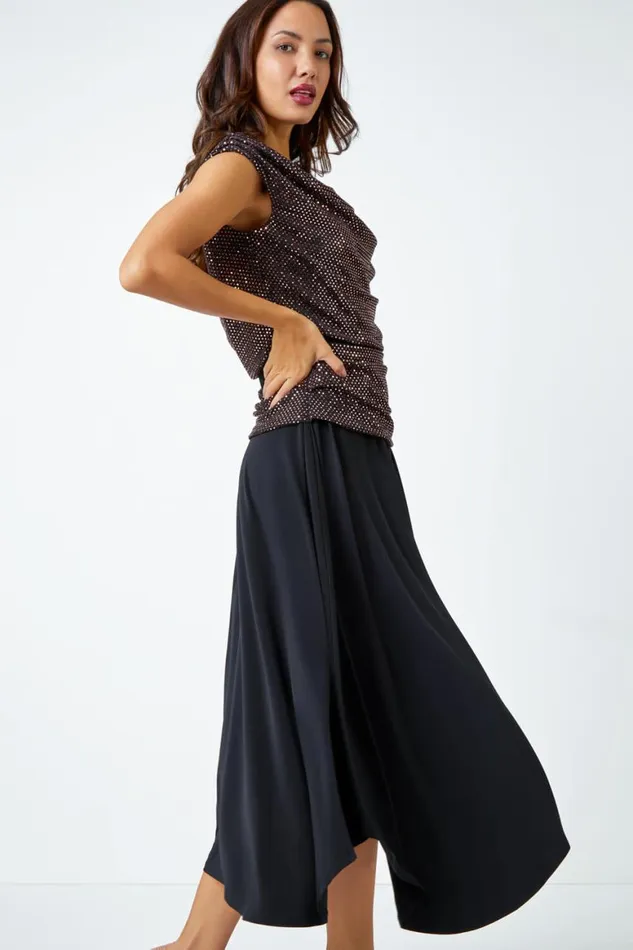 Women Copper Sequin Cowl Neck Contrast Midi Dress Roman Dresses
