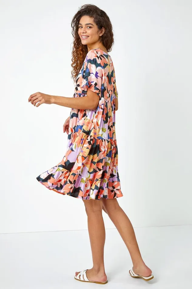 Women Coral Floral Print Frill Hem Dress Roman Dresses