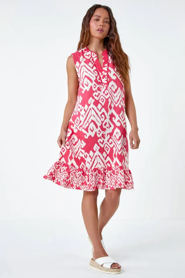 Women Coral Petite Aztec Print Frill Hem Dress Roman Dresses