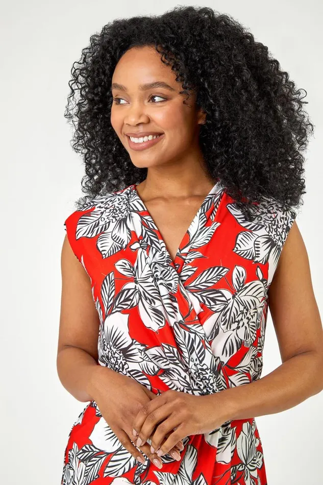Women Coral Petite Floral Ruched Wrap Dress Roman Dresses