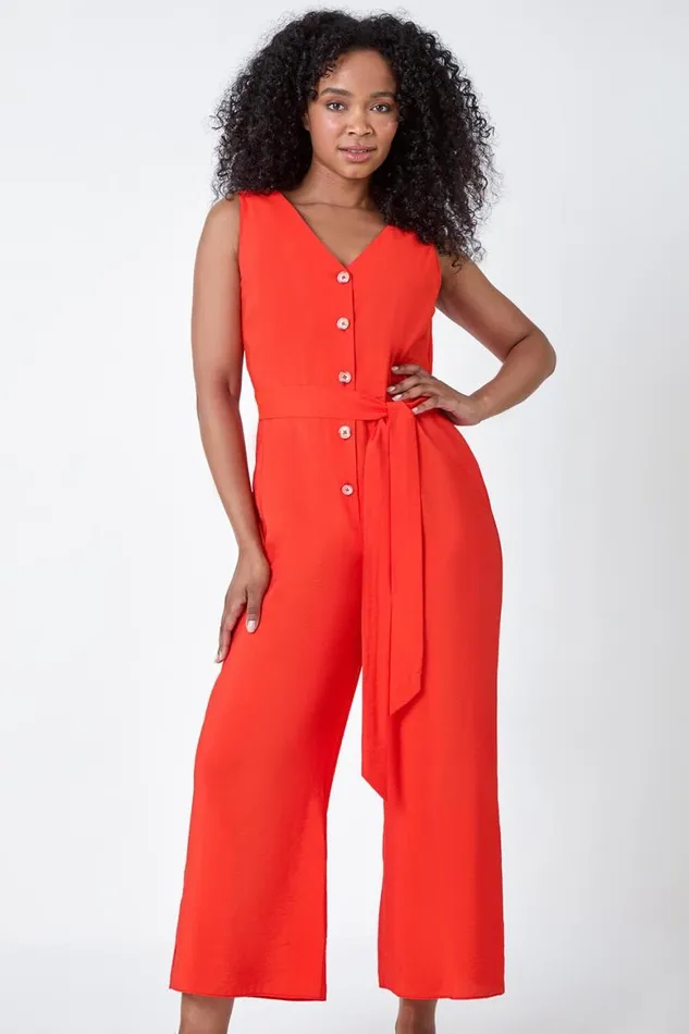 Women Coral Petite Sleeveless Button Front Jumpsuit Roman Dresses