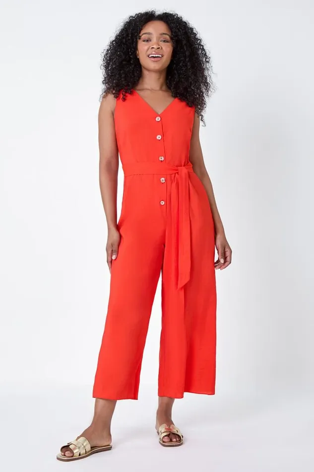 Women Coral Petite Sleeveless Button Front Jumpsuit Roman Dresses