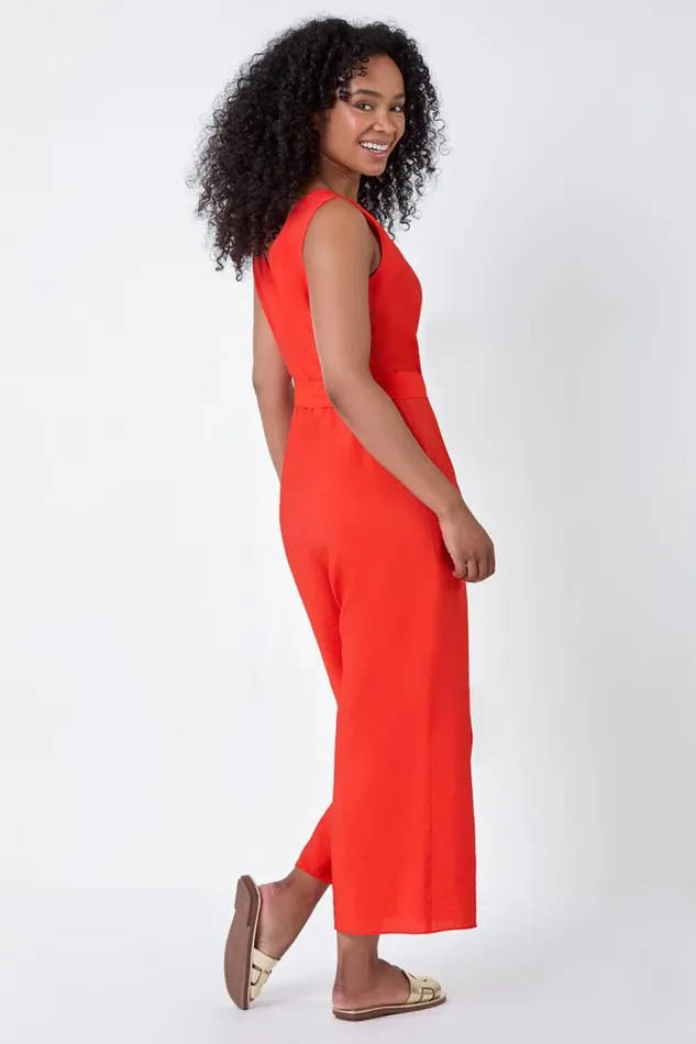 Women Coral Petite Sleeveless Button Front Jumpsuit Roman Dresses