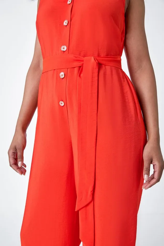 Women Coral Petite Sleeveless Button Front Jumpsuit Roman Dresses