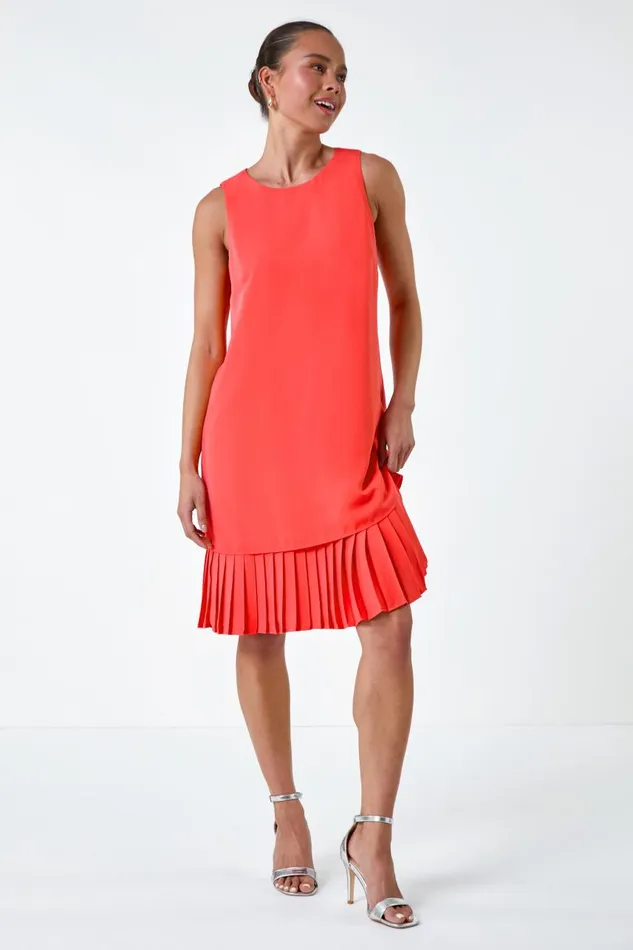 Women Coral Petite Sleeveless Pleated Hem Shift Dress Roman Dresses