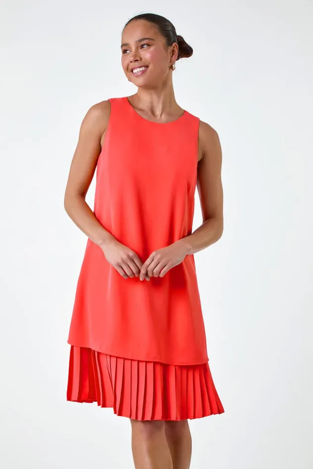 Women Coral Petite Sleeveless Pleated Hem Shift Dress Roman Dresses