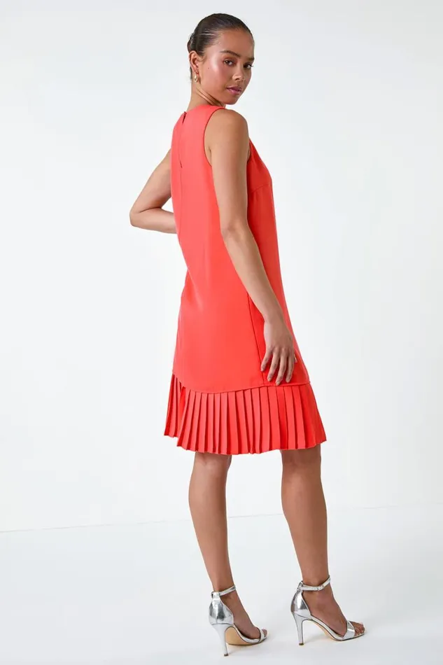 Women Coral Petite Sleeveless Pleated Hem Shift Dress Roman Dresses
