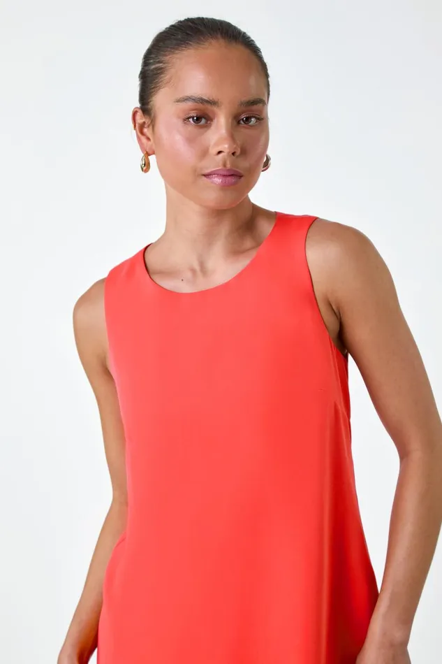 Women Coral Petite Sleeveless Pleated Hem Shift Dress Roman Dresses