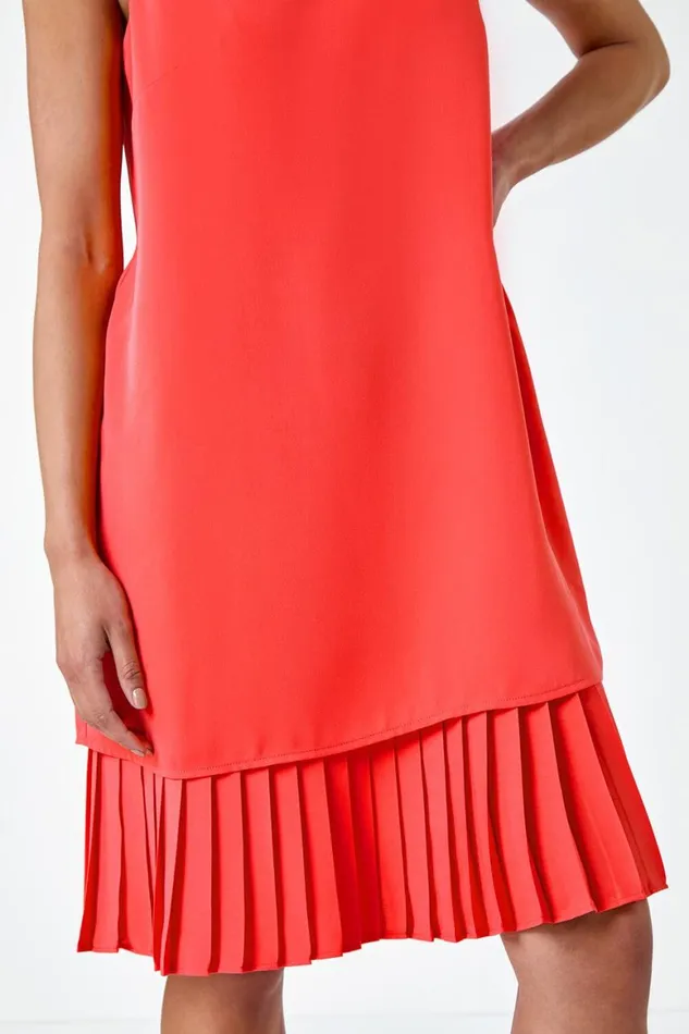 Women Coral Petite Sleeveless Pleated Hem Shift Dress Roman Dresses