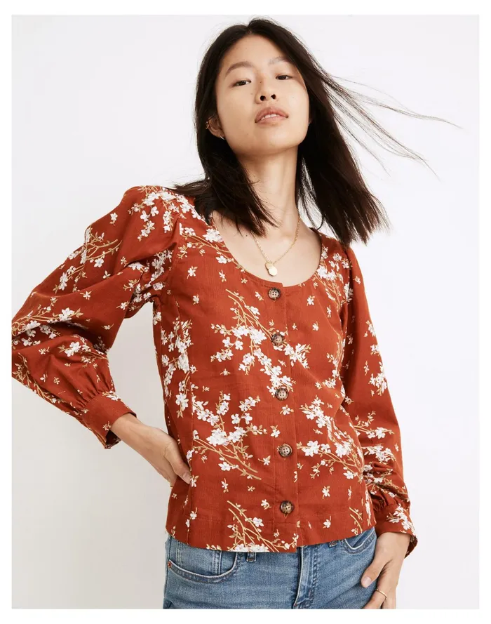Women Corduroy Shirred Sleeve Button Front Top In Farmstand Bouquet Rusty Torch Madewell Tops and Shirts Women Corduroy Shirred Sleeve Button Front Top In Farmstand Bouquet Rusty Torch Madewell Tops and Shirts
