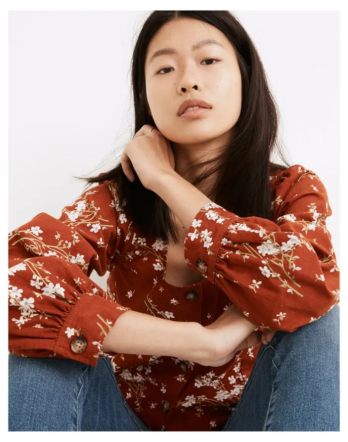 Women Corduroy Shirred Sleeve Button Front Top In Farmstand Bouquet Rusty Torch Madewell Tops and Shirts Women Corduroy Shirred Sleeve Button Front Top In Farmstand Bouquet Rusty Torch Madewell Tops and Shirts