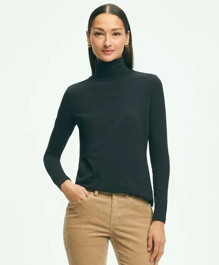 Women Cotton Modal Turtleneck Black Brooks Brothers Blouses and Shirts