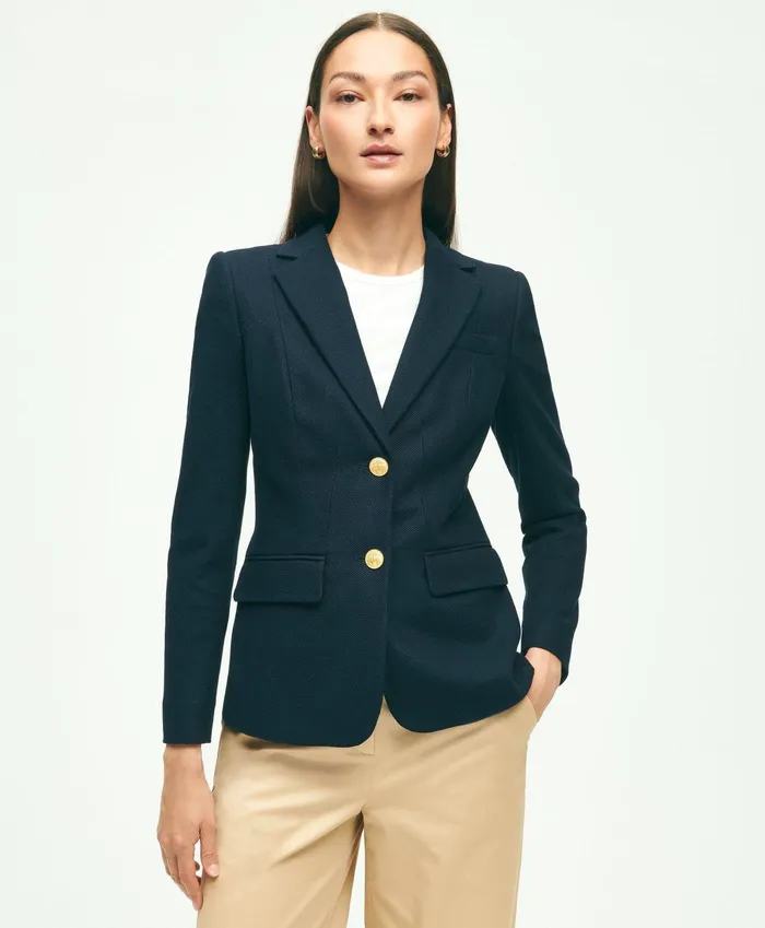 Women Cotton Pique Structured 2Button Knit Blazer Navy Brooks Brothers Blazers