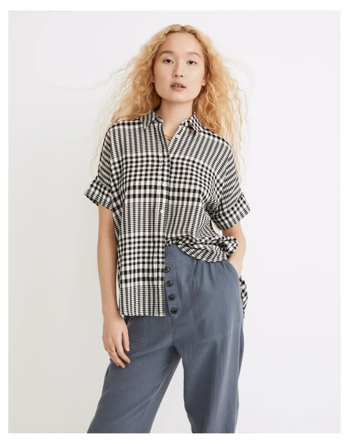 Women Courier Pintuck Back Shirt In Double Faced Plaid True Black Madewell Tops and Shirts Women Courier Pintuck Back Shirt In Double Faced Plaid True Black Madewell Tops and Shirts