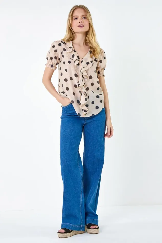 Women Cream Polka Dot Frill Front Shirred Top Roman Tops