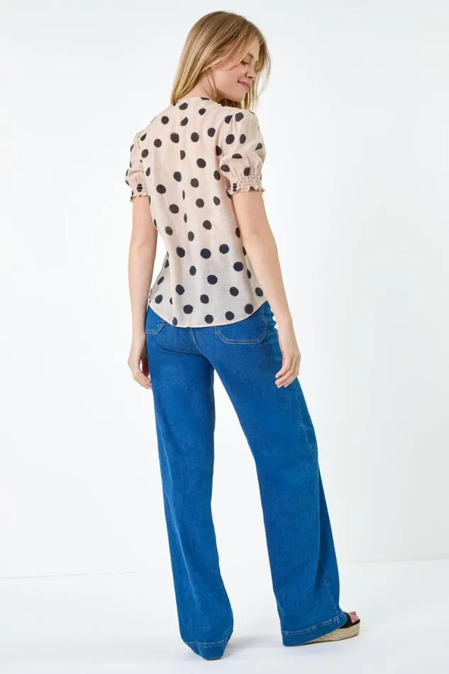 Women Cream Polka Dot Frill Front Shirred Top Roman Tops