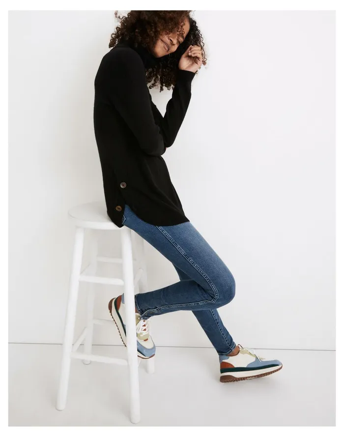 Women Crestland Side Button Turtleneck Tunic Sweater True Black Madewell Sweaters