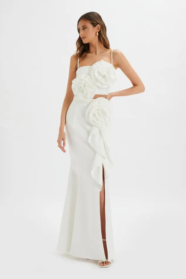 Women CutOut Dresses Lavish Alice FLEUR Statement 3D Floral Satin Maxi Dress In White White