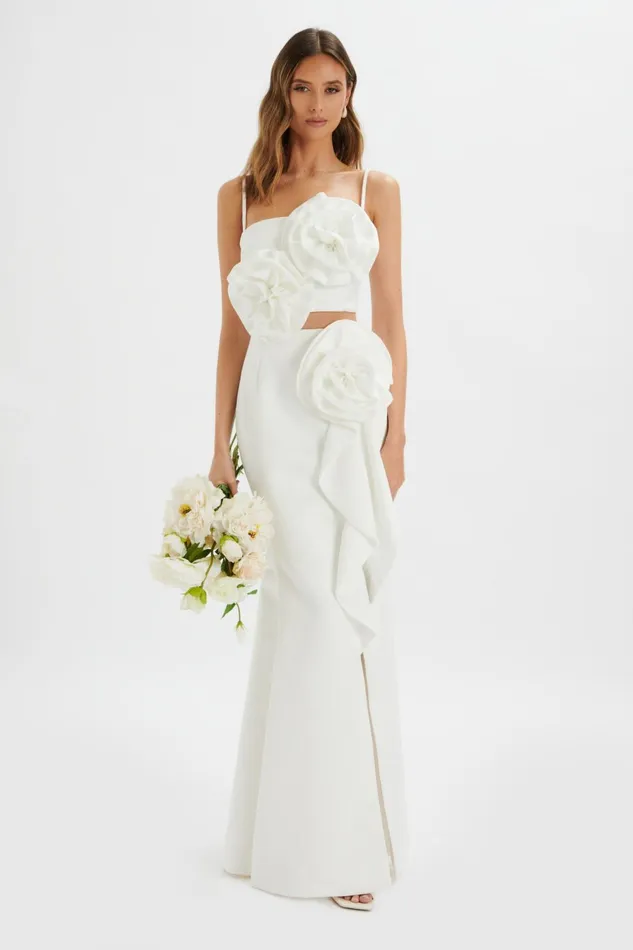 Women CutOut Dresses Lavish Alice FLEUR Statement 3D Floral Satin Maxi Dress In White White