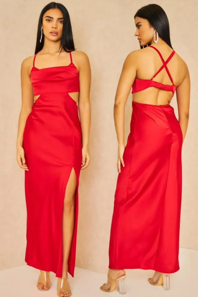 Women Cut Out Satin Cami Midi Dress In Red Red Brentiny Paris Ceremonial Outfits