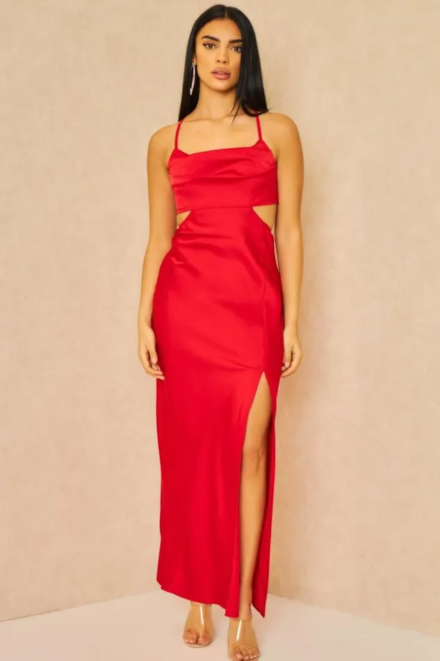 Women Cut Out Satin Cami Midi Dress In Red Red Brentiny Paris Ceremonial Outfits
