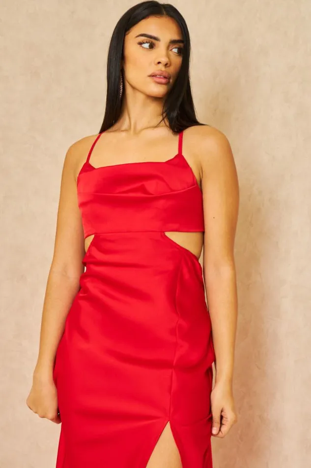 Women Cut Out Satin Cami Midi Dress In Red Red Brentiny Paris Ceremonial Outfits