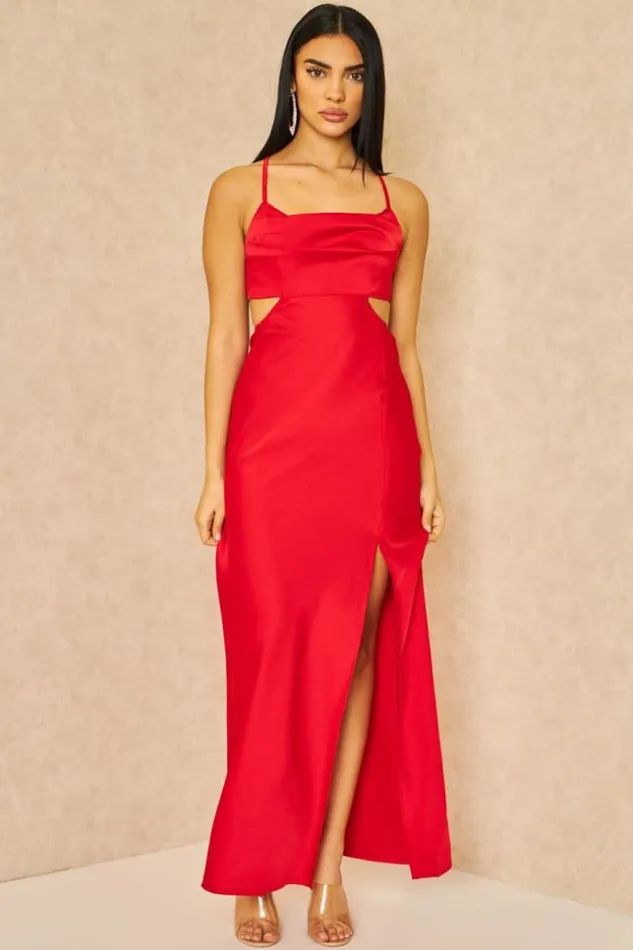 Women Cut Out Satin Cami Midi Dress In Red Red Brentiny Paris Ceremonial Outfits