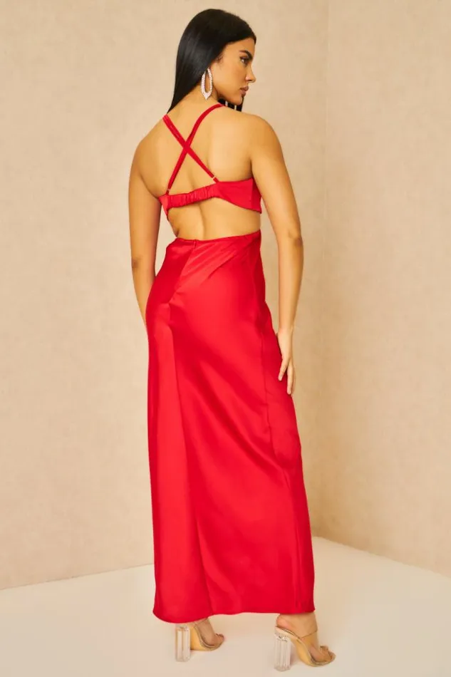 Women Cut Out Satin Cami Midi Dress In Red Red Brentiny Paris Ceremonial Outfits