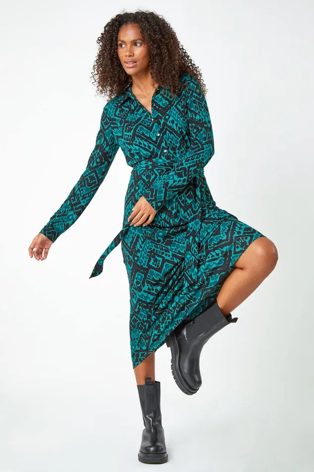 Women Dark Green Abstract Print Midi Stretch Shirt Dress Roman Dresses
