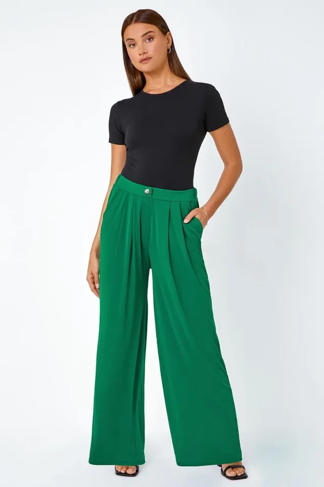 Women Dark Green Button Detail Wide Leg Stretch Trouser Roman Trousers