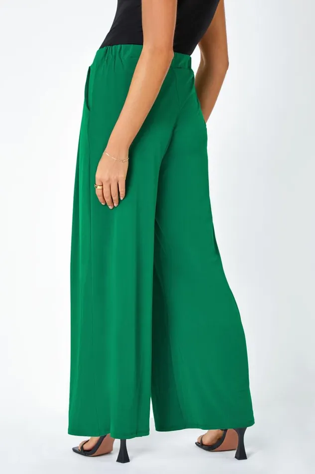 Women Dark Green Button Detail Wide Leg Stretch Trouser Roman Trousers