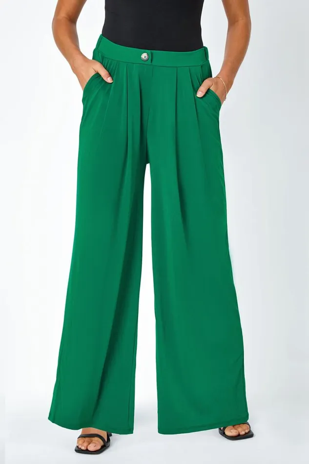 Women Dark Green Button Detail Wide Leg Stretch Trouser Roman Trousers