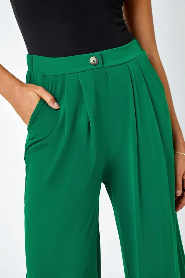 Women Dark Green Button Detail Wide Leg Stretch Trouser Roman Trousers