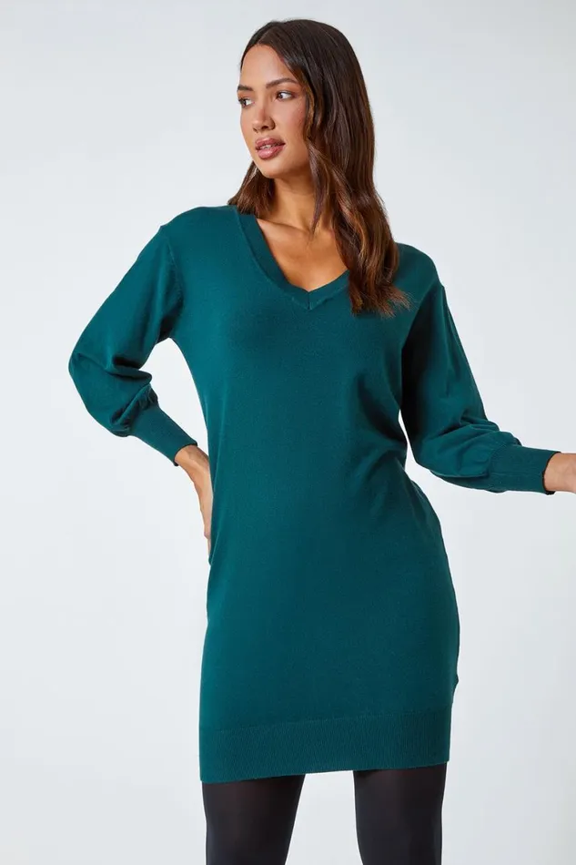 Women Dark Green Knitted Jumper Dress Roman Dresses