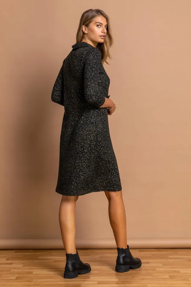 Women Dark Green Leopard Print Cowl Neck Dress Roman Dresses