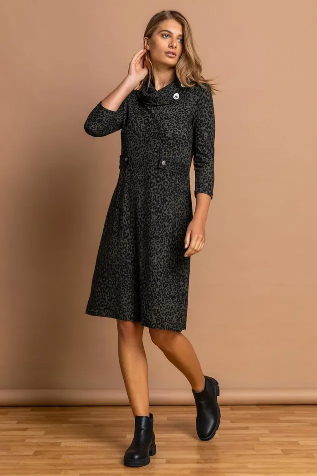 Women Dark Green Leopard Print Cowl Neck Dress Roman Dresses