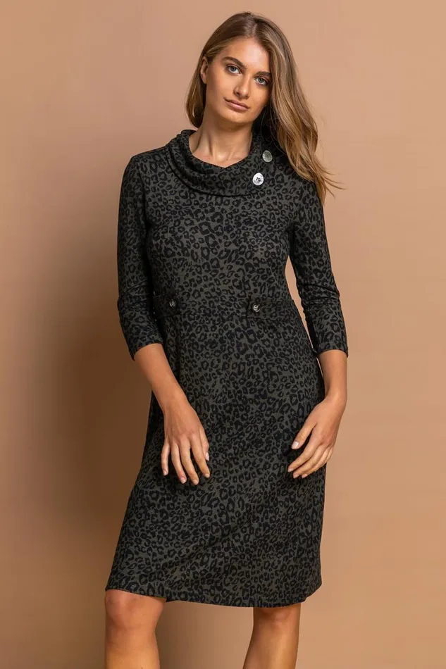 Women Dark Green Leopard Print Cowl Neck Dress Roman Dresses