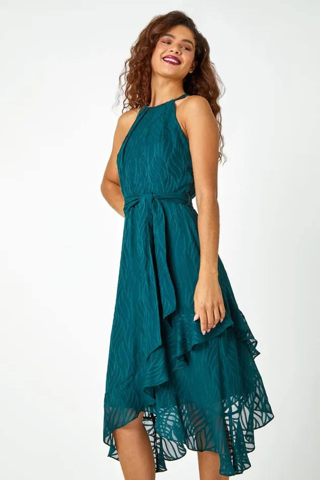 Women Dark Green Textured Chiffon Halterneck Midi Dress Roman Dresses