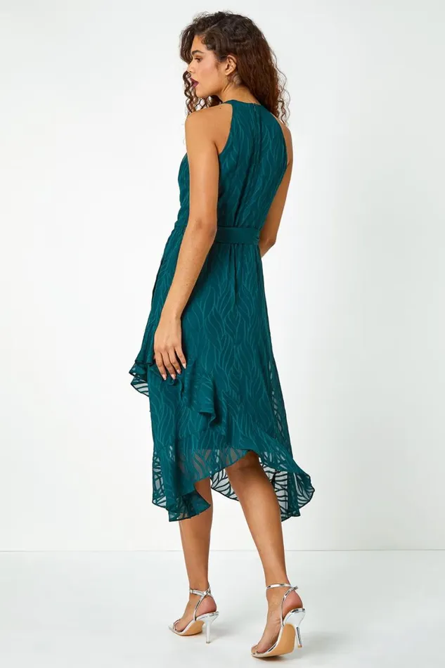 Women Dark Green Textured Chiffon Halterneck Midi Dress Roman Dresses