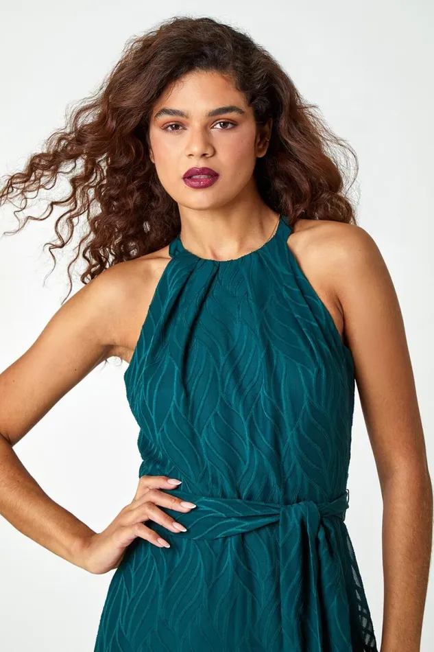 Women Dark Green Textured Chiffon Halterneck Midi Dress Roman Dresses
