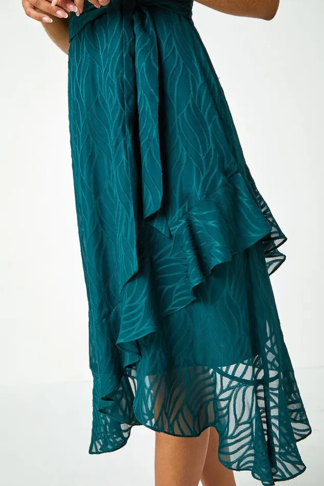 Women Dark Green Textured Chiffon Halterneck Midi Dress Roman Dresses