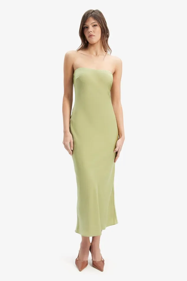 Women Day To Night Dresses Bardot Casette Strapless Slip Dress In Applegreen Applegreen