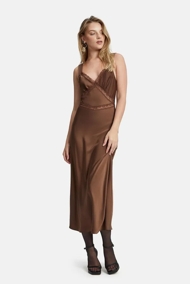 Women Day To Night Dresses Bardot Emory Lace Slip Dress In Chocolate Chocolate