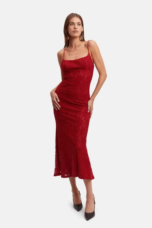 Women Day To Night Dresses Bardot Ruby Lace Midi Dress In Red Red