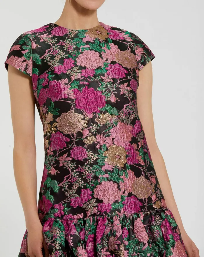 Women Daytime Dresses Mac Duggal Brocade Cap Sleeve Mini Dress With Ruffle Hem Black Multi