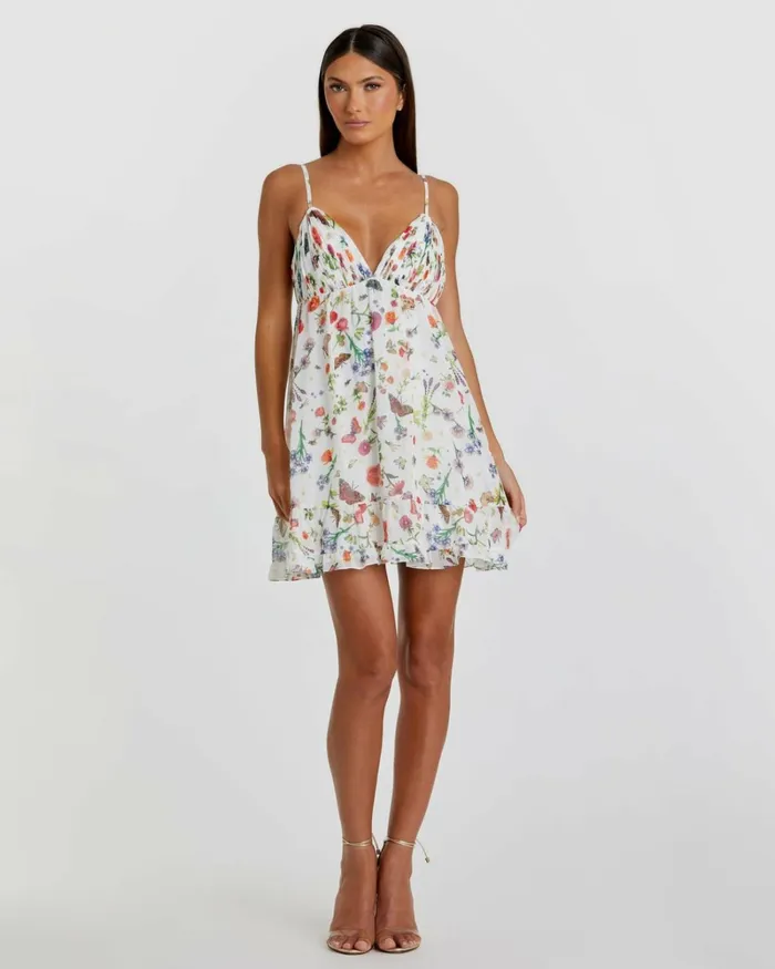 Women Daytime Dresses Mac Duggal Butterfly Print Ruffle Hem Mini Dress White Multi