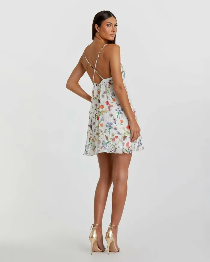 Women Daytime Dresses Mac Duggal Butterfly Print Ruffle Hem Mini Dress White Multi